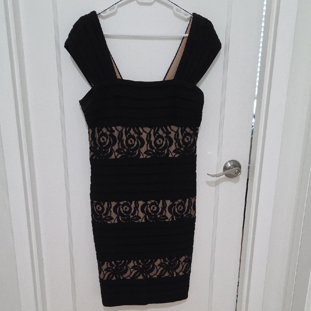 Adrianna Papell Black Lace-Trim Sheath Dress with Nude Underlay